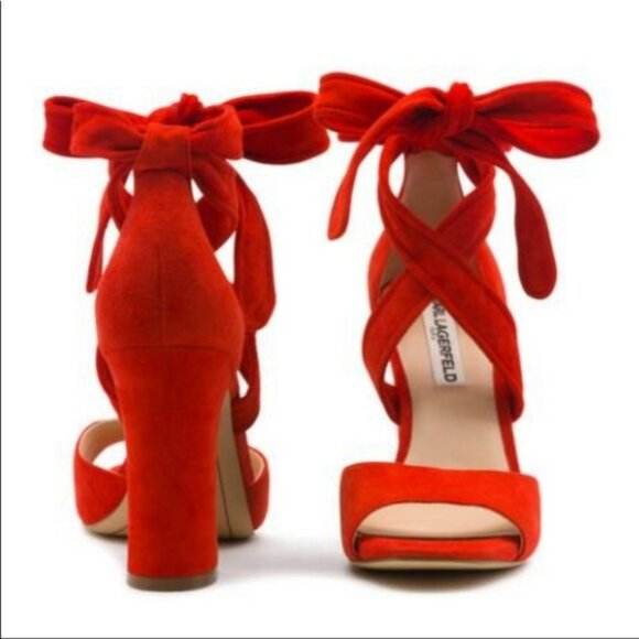 Karl Lagerfeld heels Racha Wrap Sandal in Fiery Red suede Women's Size 6.5 37 - Picture 1 of 11